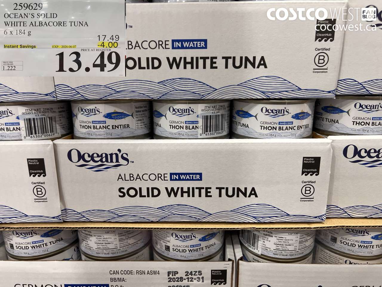 259629 OCEAN'S SOLID WHITE ALBACORE TUNA 6 X 184 G ($4.00 INSTANT SAVINGS EXPIRES ON 2026-06-07) $13.49