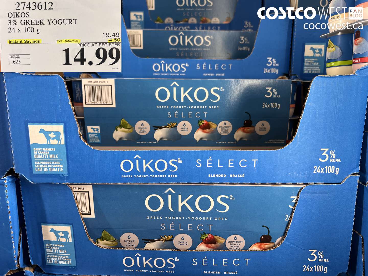 2743612 OIKOS 3% GREEK YOGURT 24 X 100 G ($4.50 INSTANT SAVINGS EXPIRES ON 2026-07-02) $14.99