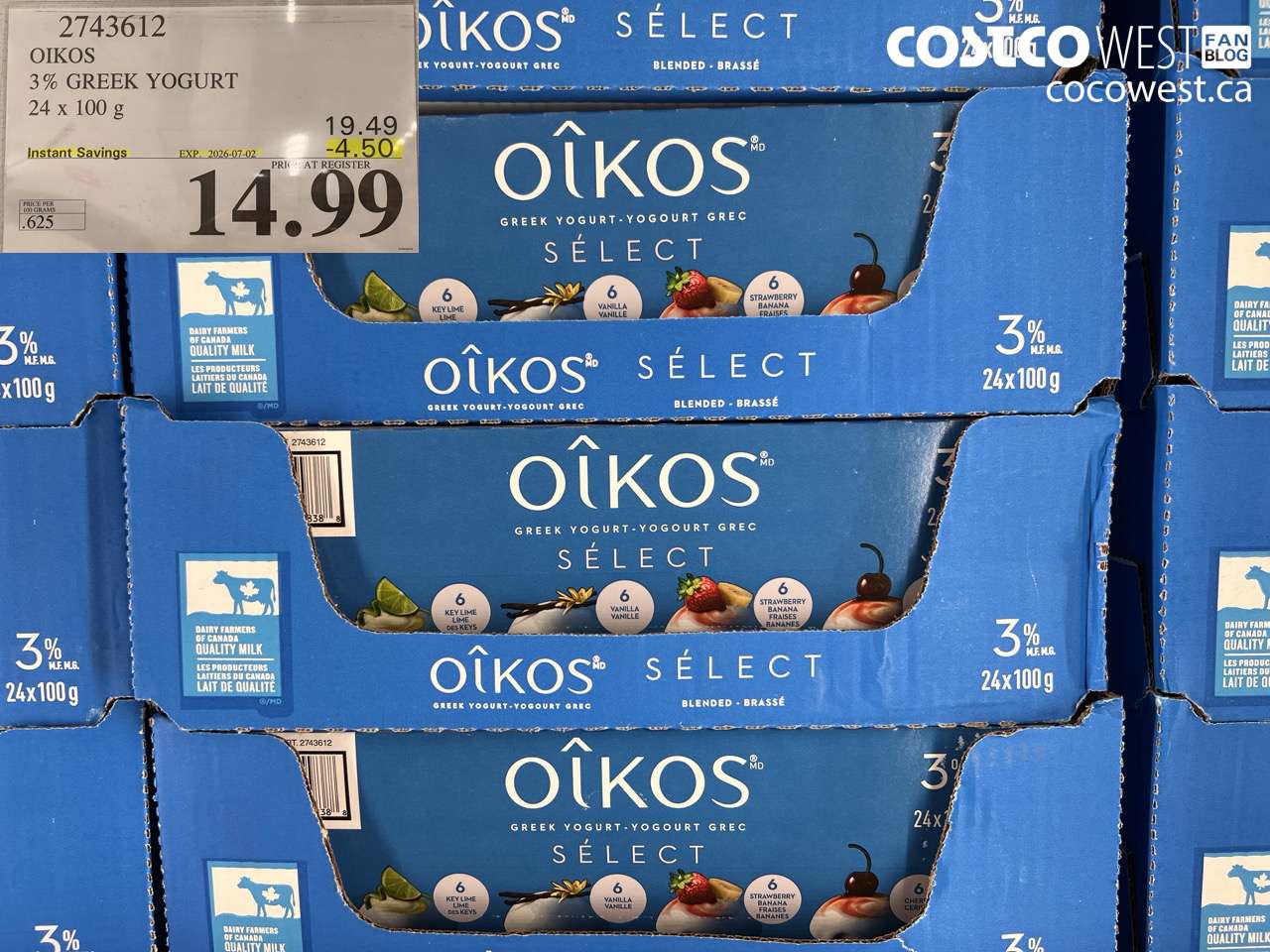 2743612 OIKOS 3% GREEK YOGURT 24 X 100 G ($4.50 INSTANT SAVINGS EXPIRES ON 2026-07-02) $14.99