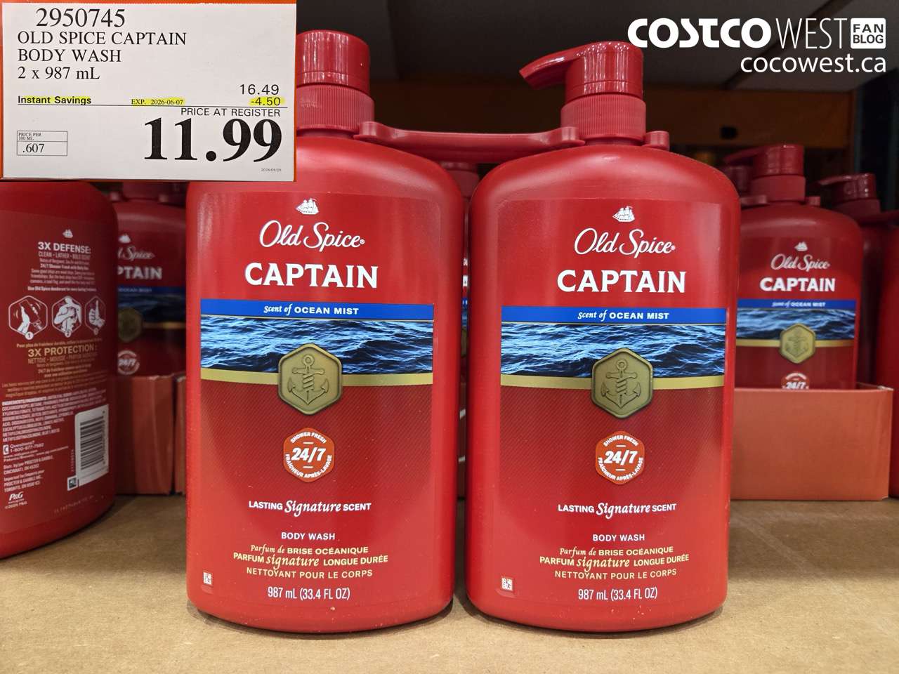 2950745 OLD SPICE CAPTAIN BODY WASH 2 X 987 ML ($4.50 INSTANT SAVINGS EXPIRES ON 2026-06-07) $11.99