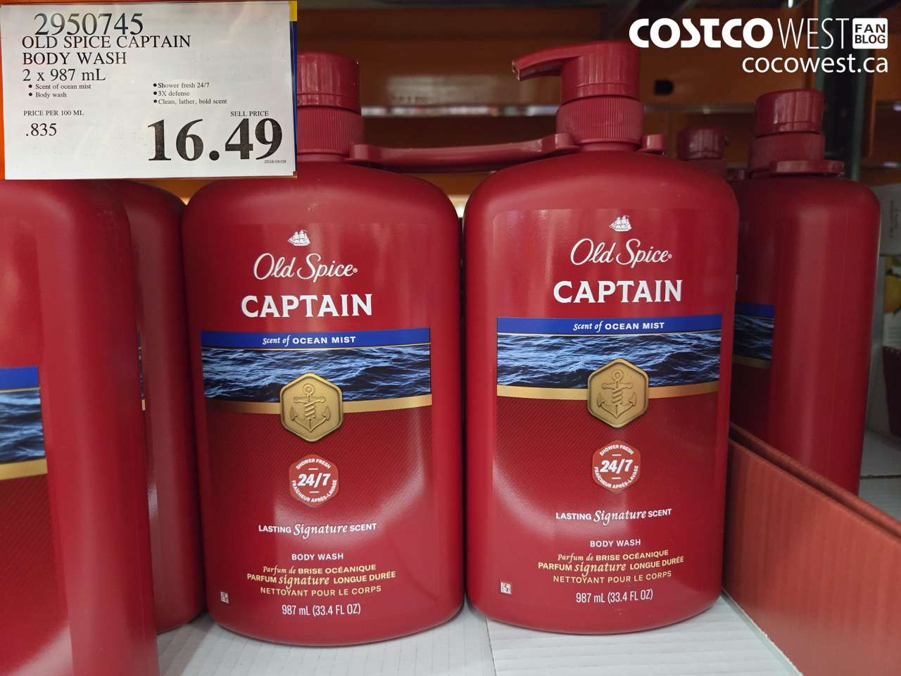 2950745 OLD SPICE CAPTAIN BODY WASH 2 X 987 ML $16.49