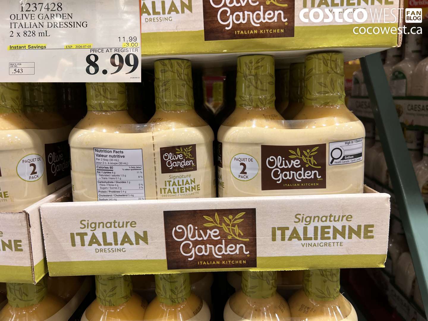 1237428 OLIVE GARDEN ITALIAN DRESSING 2 X 828 ML ($3.00 INSTANT SAVINGS EXPIRES ON 2026-07-05) $8.99