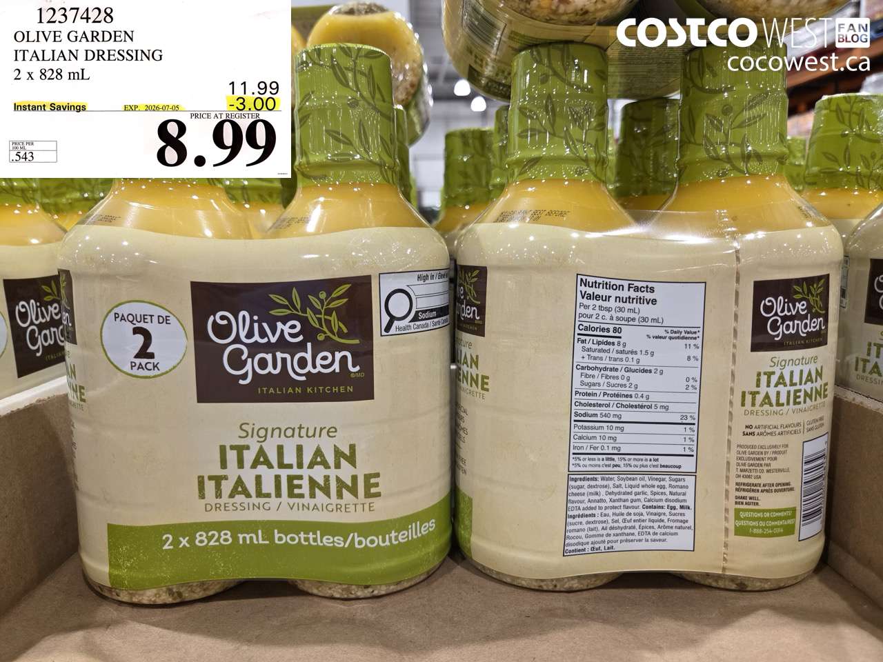 1237428 OLIVE GARDEN ITALIAN DRESSING 2 X 828 ML ($3.00 INSTANT SAVINGS EXPIRES ON 2026-07-05) $8.99