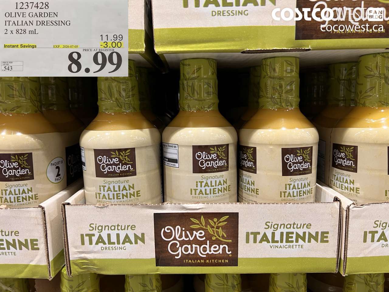 1237428 OLIVE GARDEN ITALIAN DRESSING 2 X 828 ML ($3.00 INSTANT SAVINGS EXPIRES ON 2026-07-05) $8.99