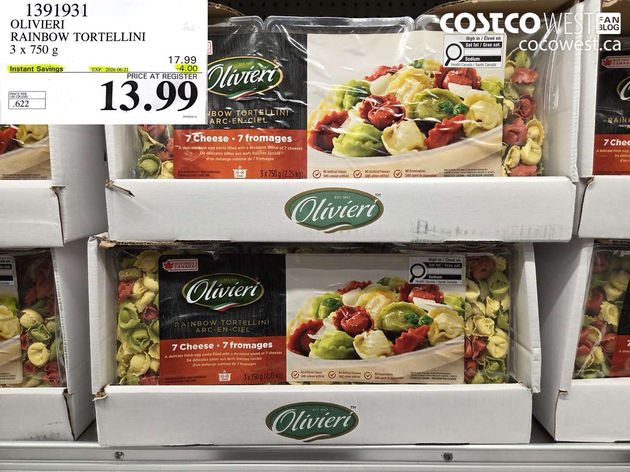 1391931 OLIVIERI RAINBOW TORTELLINI 3 X 750 G ($4.00 INSTANT SAVINGS EXPIRES ON 2026-06-21) $13.99