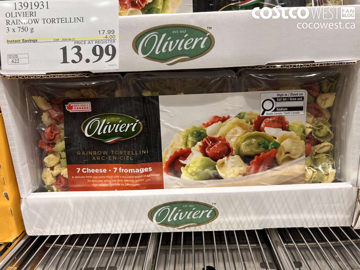1391931 OLIVIERI RAINBOW TORTELLINI 3 X 750 G ($4.00 INSTANT SAVINGS EXPIRES ON 2026-06-21) $13.99