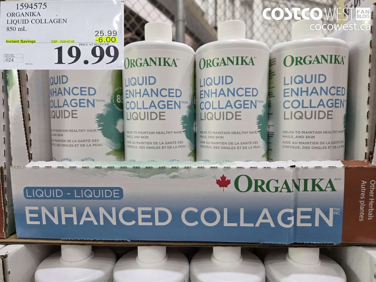 1594575 ORGANIKA LIQUID COLLAGEN 850 ML ($6.00 INSTANT SAVINGS EXPIRES ON 2026-07-05) $19.99