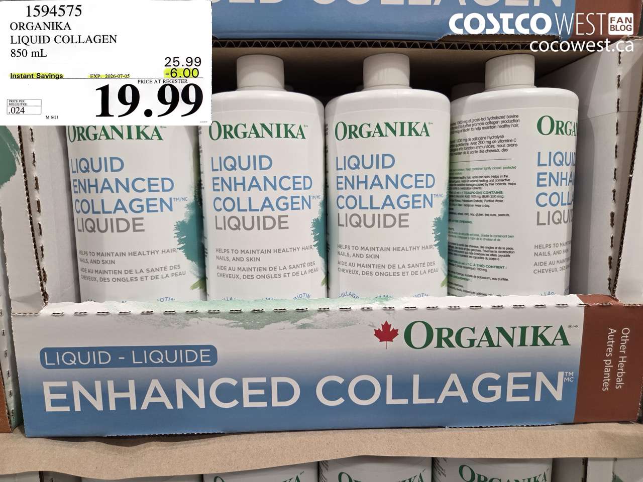 1594575 ORGANIKA LIQUID COLLAGEN 850 ML ($6.00 INSTANT SAVINGS EXPIRES ON 2026-07-05) $19.99