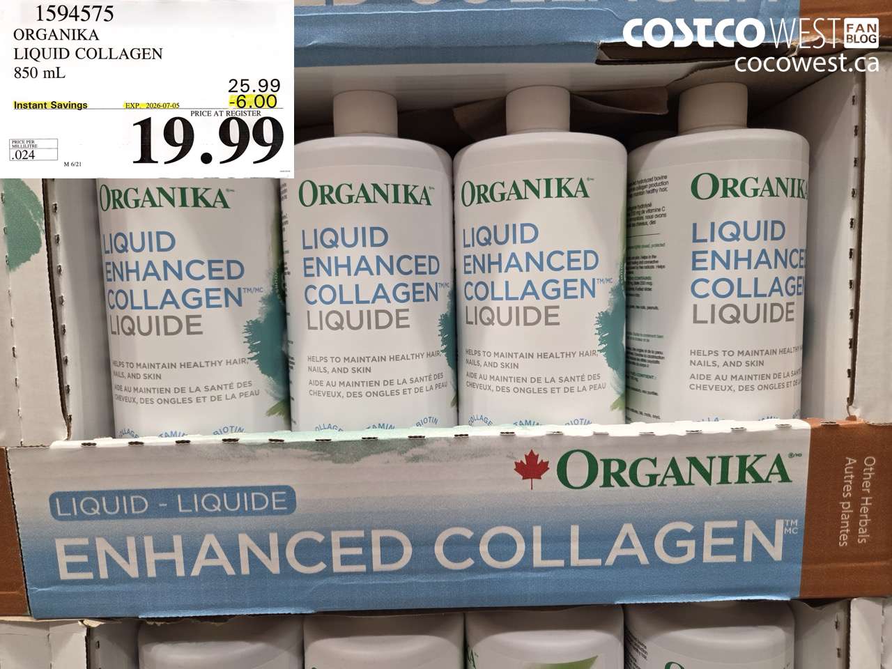 1594575 ORGANIKA LIQUID COLLAGEN 850 ML ($6.00 INSTANT SAVINGS EXPIRES ON 2026-07-05) $19.99