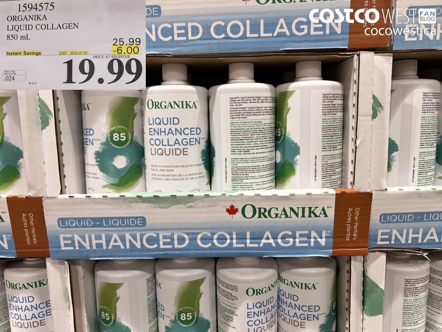 1594575 ORGANIKA LIQUID COLLAGEN 850 ML ($6.00 INSTANT SAVINGS EXPIRES ON 2026-07-05) $19.99