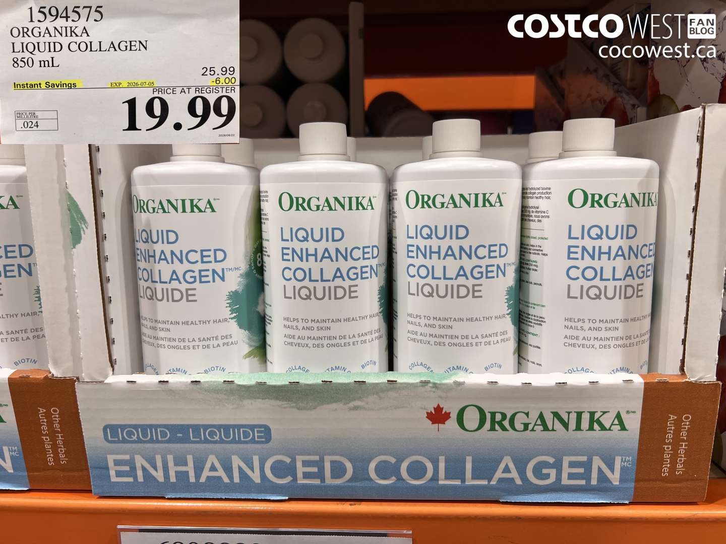 1594575 ORGANIKA LIQUID COLLAGEN 850 ML ($6.00 INSTANT SAVINGS EXPIRES ON 2026-07-05) $19.99