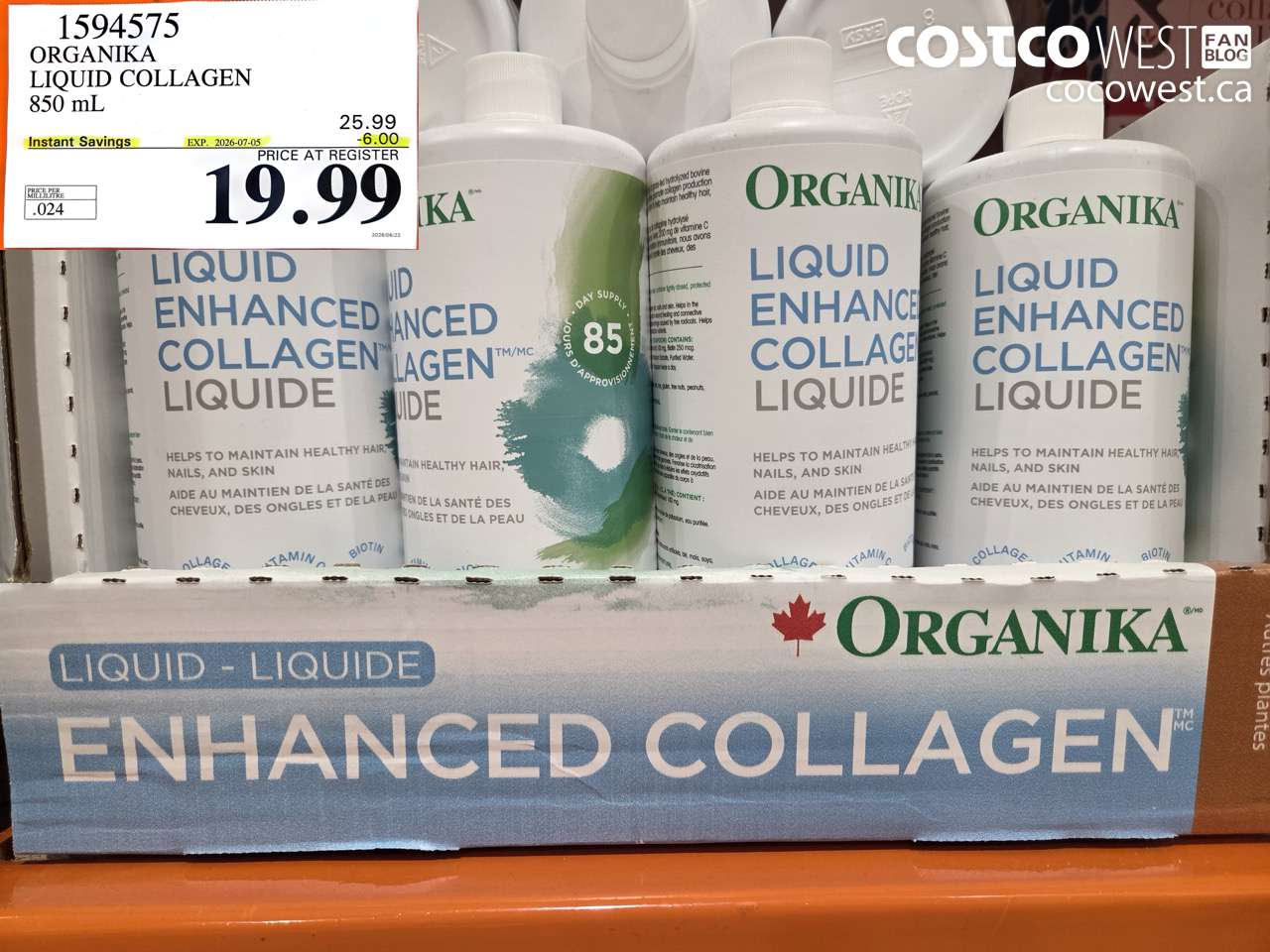 1594575 ORGANIKA LIQUID COLLAGEN 850 ML ($6.00 INSTANT SAVINGS EXPIRES ON 2026-07-05) $19.99