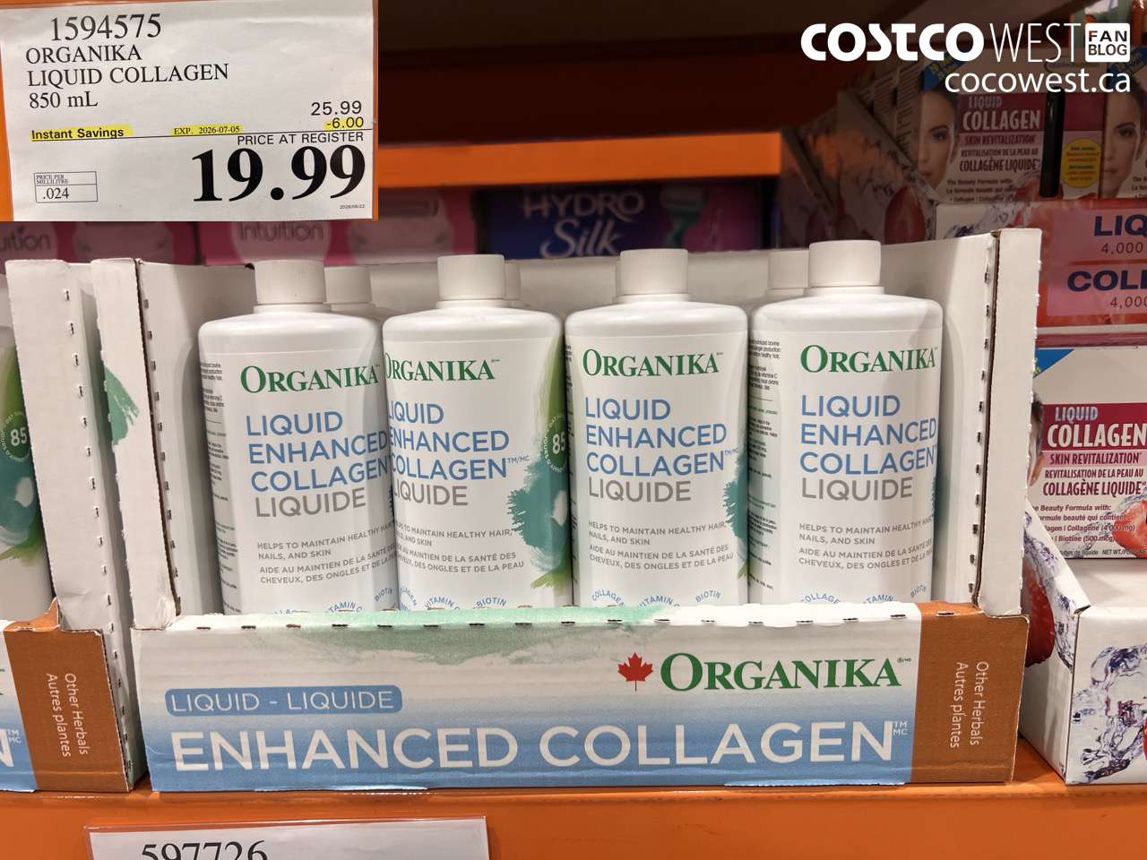 1594575 ORGANIKA LIQUID COLLAGEN 850 ML ($6.00 INSTANT SAVINGS EXPIRES ON 2026-07-05) $19.99