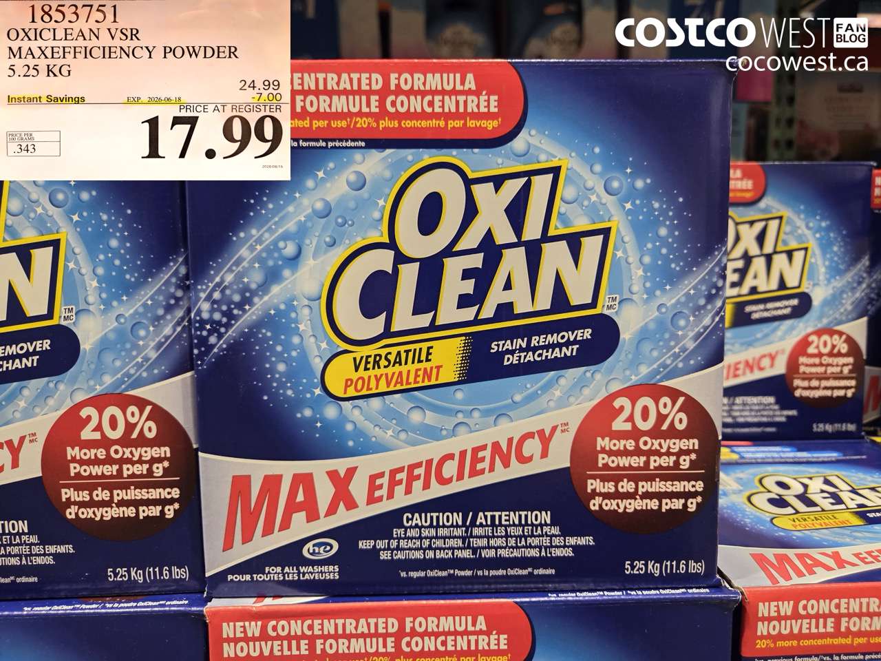 1853751 OXICLEAN VSR MAXEFFICIENCY POWDER 5.25 KG ($7.00 INSTANT SAVINGS EXPIRES ON 2026-06-18) $17.99