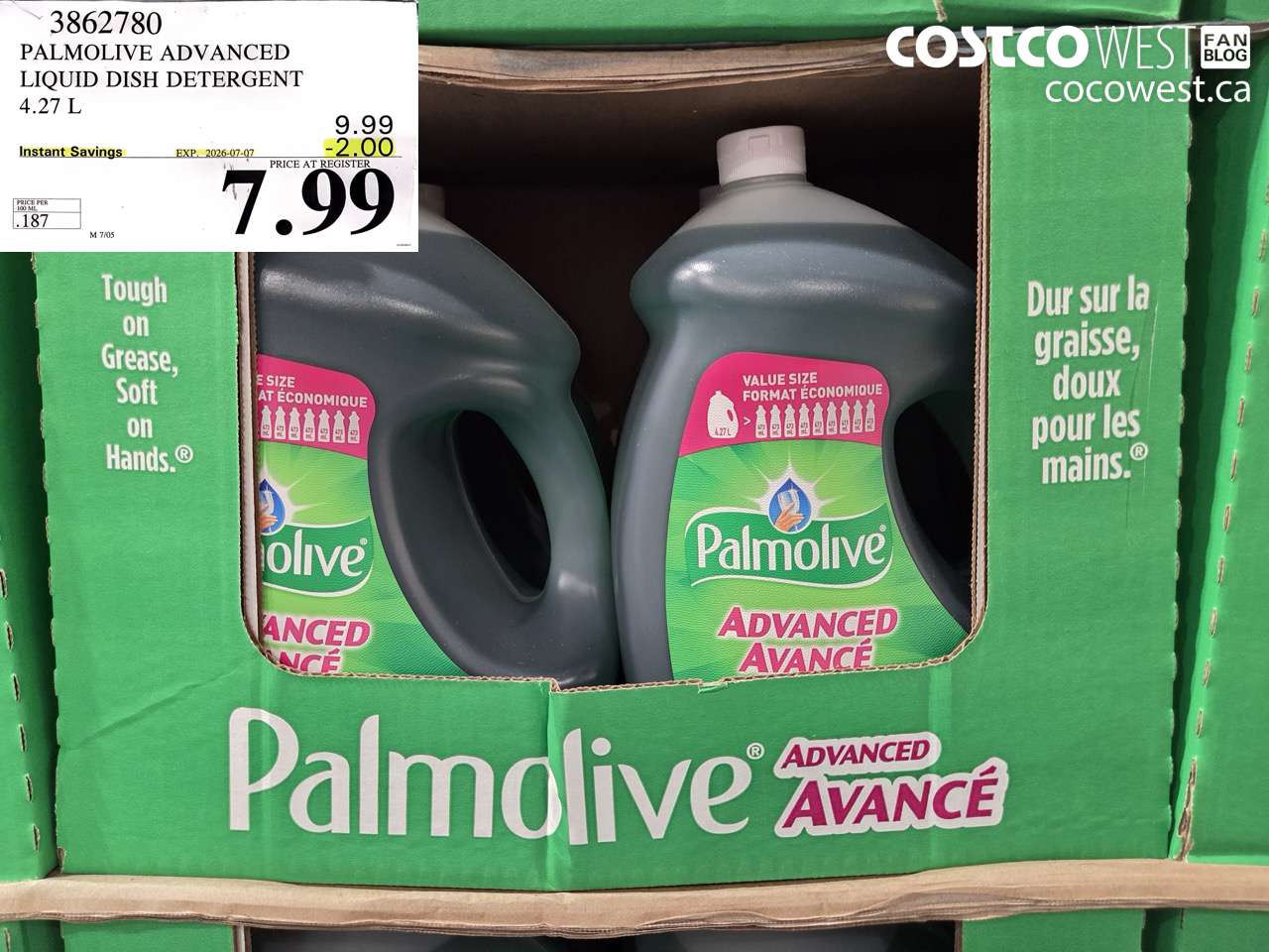 3862780 PALMOLIVE ADVANCED LIQUID DISH DETERGENT 4.27 L ($2.00 INSTANT SAVINGS EXPIRES ON 2026-07-07) $7.99