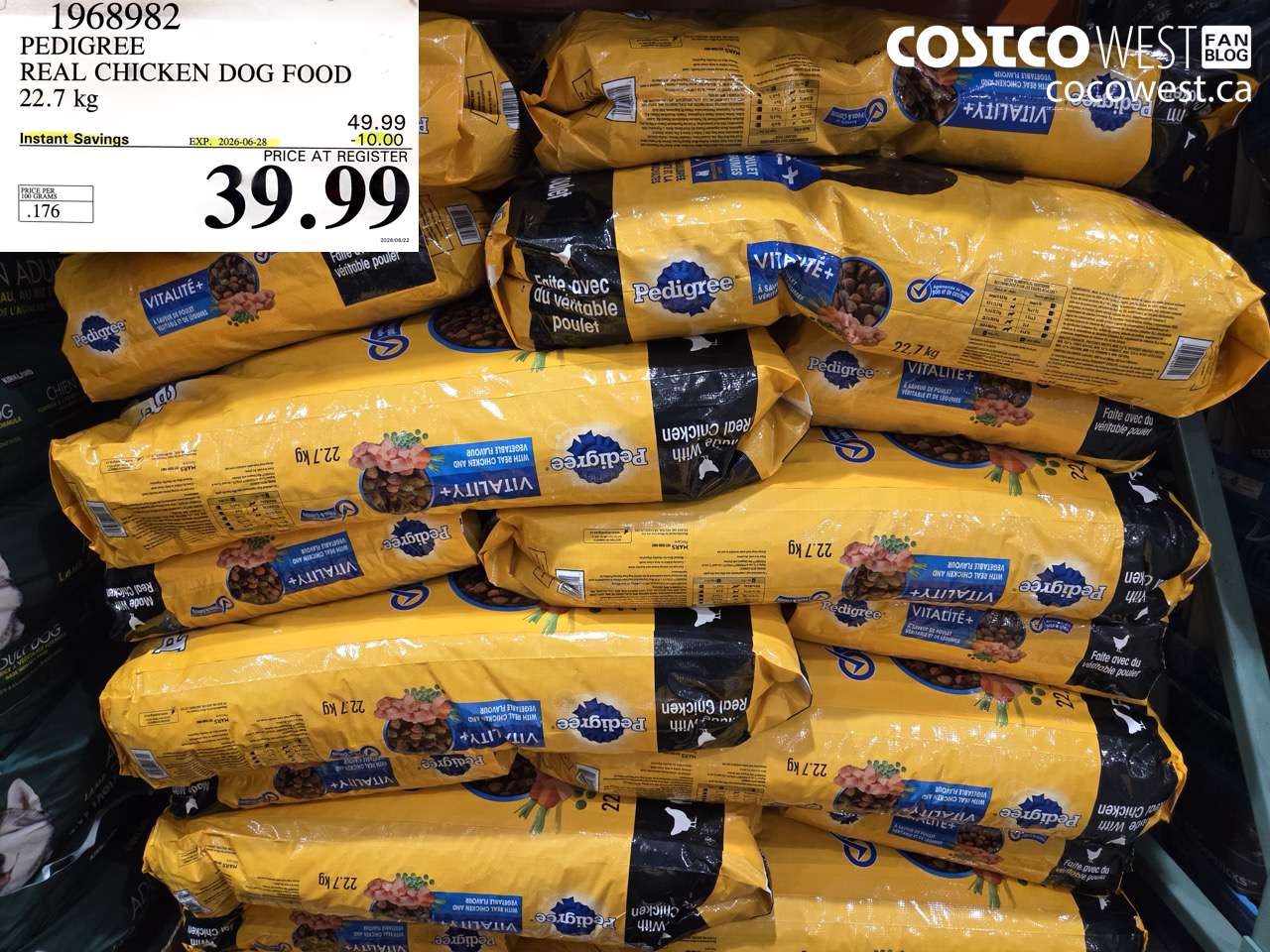 1968982 PEDIGREE REAL CHICKEN DOG FOOD 22.7 KG ($10.00 INSTANT SAVINGS EXPIRES ON 2026-06-28) $39.99