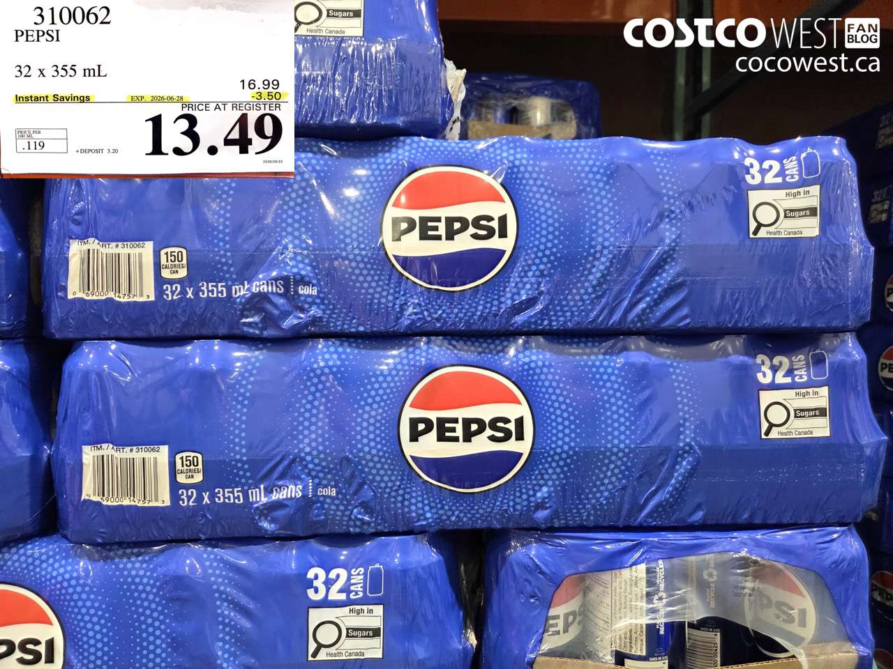 310062 PEPSI 32 X 355 ML ($3.50 INSTANT SAVINGS EXPIRES ON 2026-06-28) $13.49