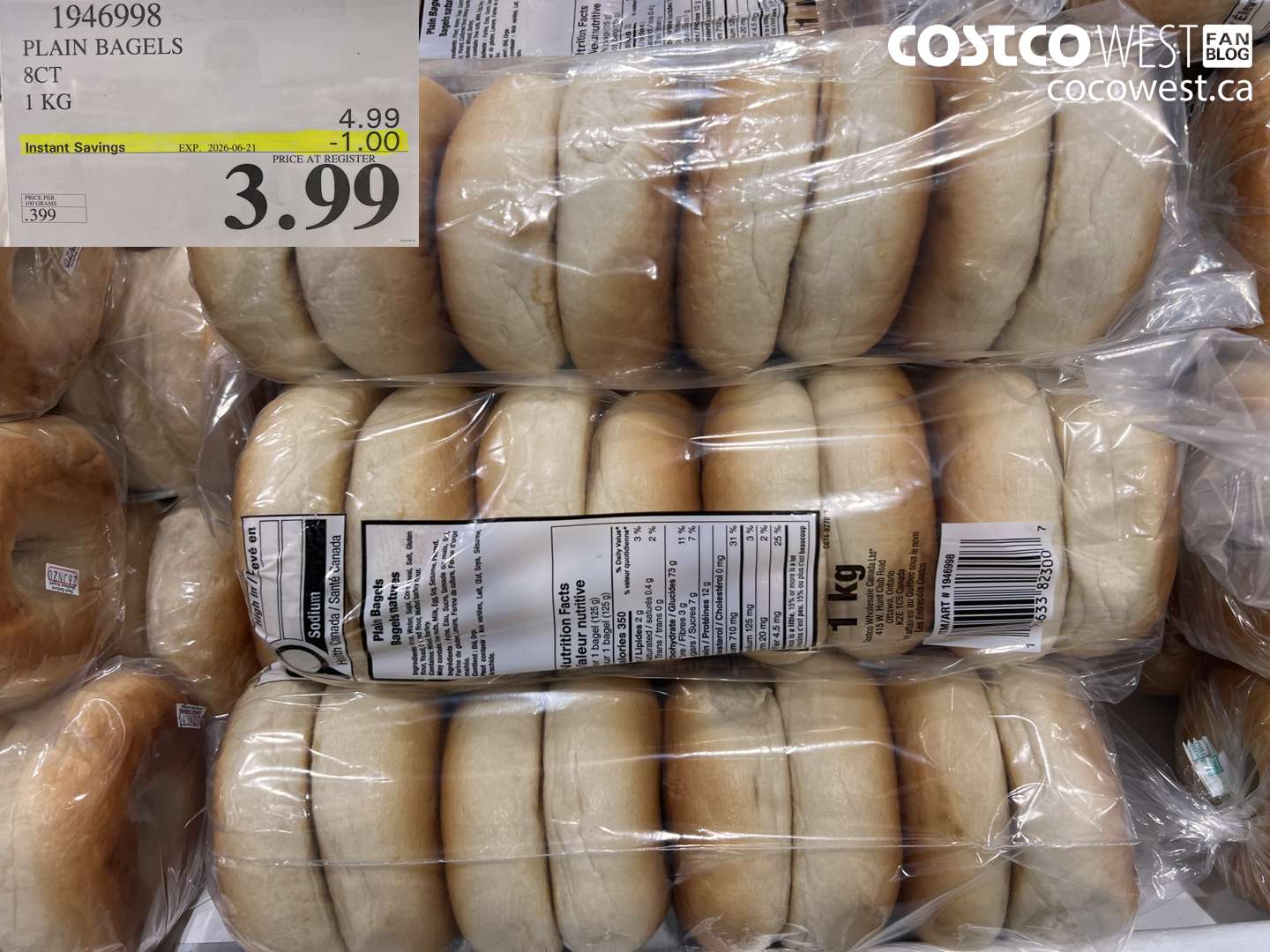 1946998 PLAIN BAGELS 8CT 1 KG ($1.00 INSTANT SAVINGS EXPIRES ON 2026-06-21) $3.99