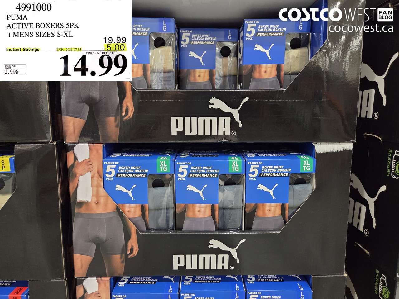 4991000 PUMA ACTIVE BOXERS 5PK + MENS SIZES S-XL ($5.00 INSTANT SAVINGS EXPIRES ON 2026-07-05) $14.99