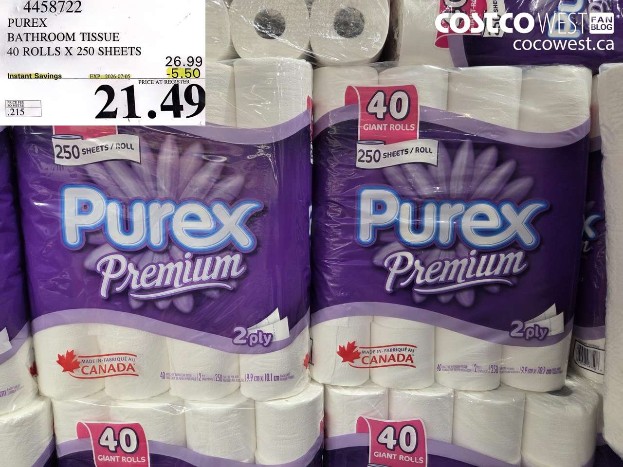 4458722 PUREX BATHROOM TISSUE 40 ROLLS X 250 SHEETS ($5.50 INSTANT SAVINGS EXPIRES ON 2026-07-05) $21.49