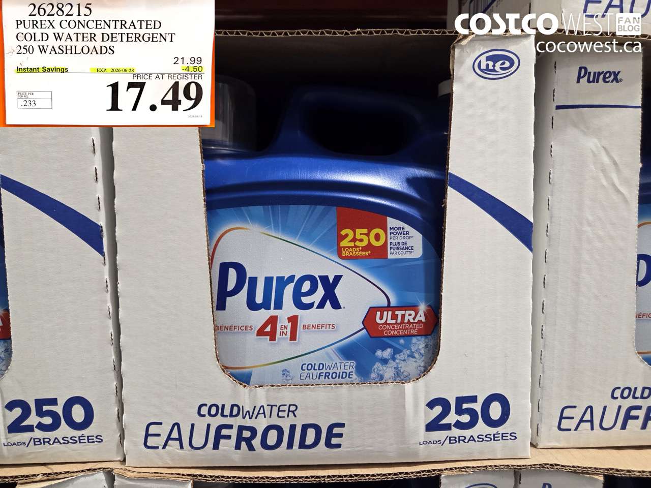 2628215 PUREX CONCENTRATED COLD WATER DETERGENT 250 WASHLOADS ($4.50 INSTANT SAVINGS EXPIRES ON 2026-06-28) $17.49