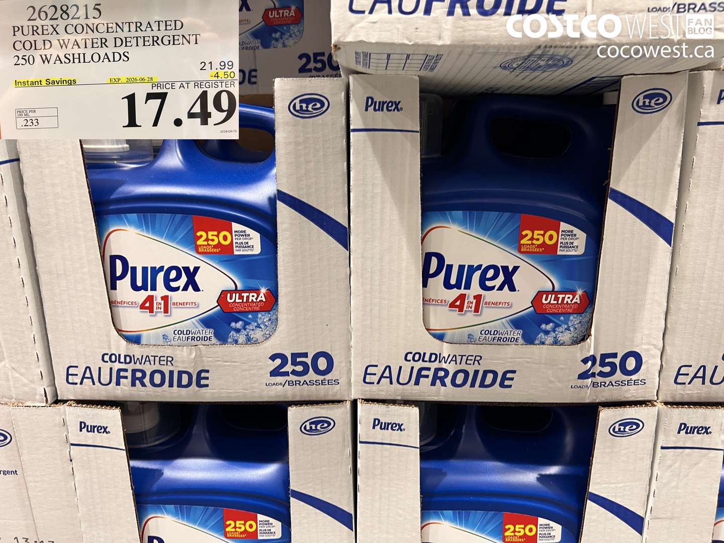 2628215 PUREX CONCENTRATED COLD WATER DETERGENT 250 WASHLOADS ($4.50 INSTANT SAVINGS EXPIRES ON 2026-06-28) $17.49