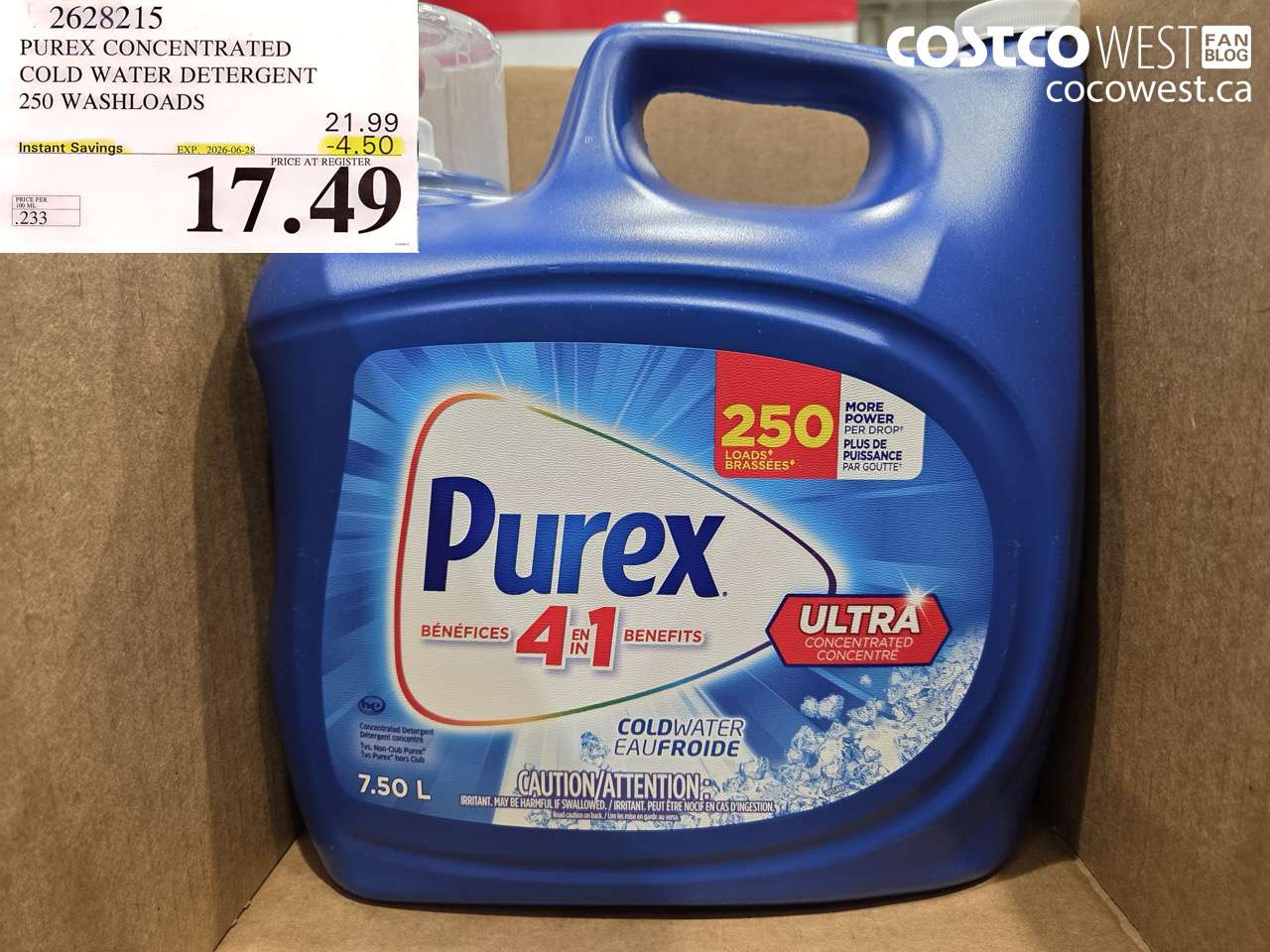 2628215 PUREX CONCENTRATED COLD WATER DETERGENT 250 WASHLOADS ($4.50 INSTANT SAVINGS EXPIRES ON 2026-06-28) $17.49