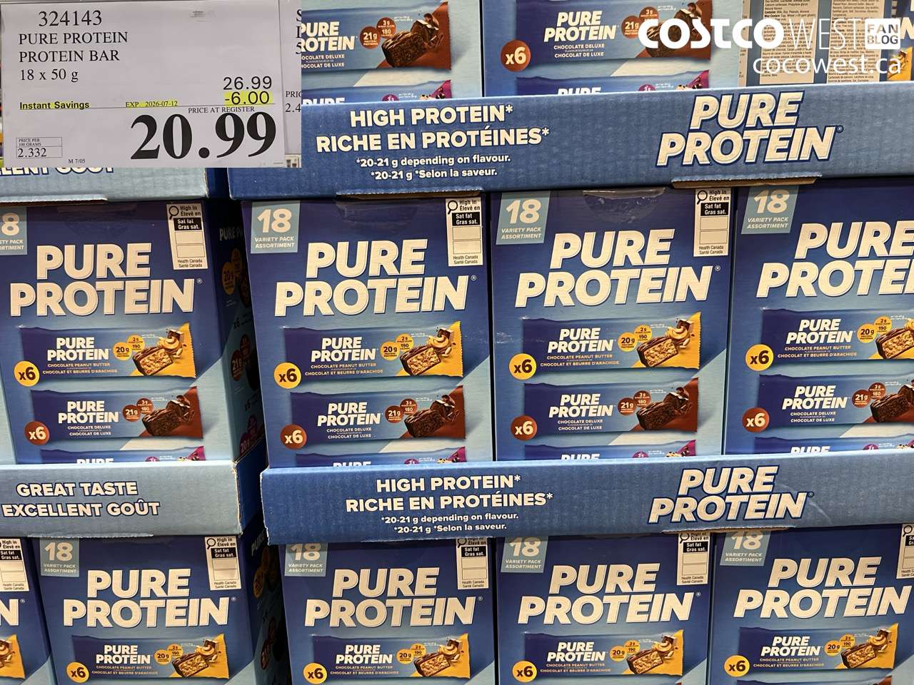 324143 PURE PROTEIN PROTEIN BAR 18 X 50 G ($6.00 INSTANT SAVINGS EXPIRES ON 2026-07-12) $20.99