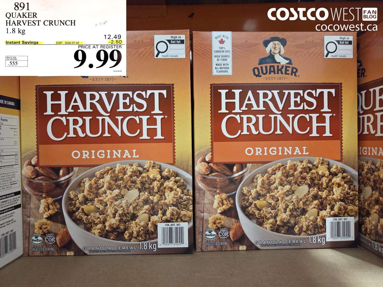 891 QUAKER HARVEST CRUNCH 1.8 KG ($2.50 INSTANT SAVINGS EXPIRES ON 2026-07-05) $9.99