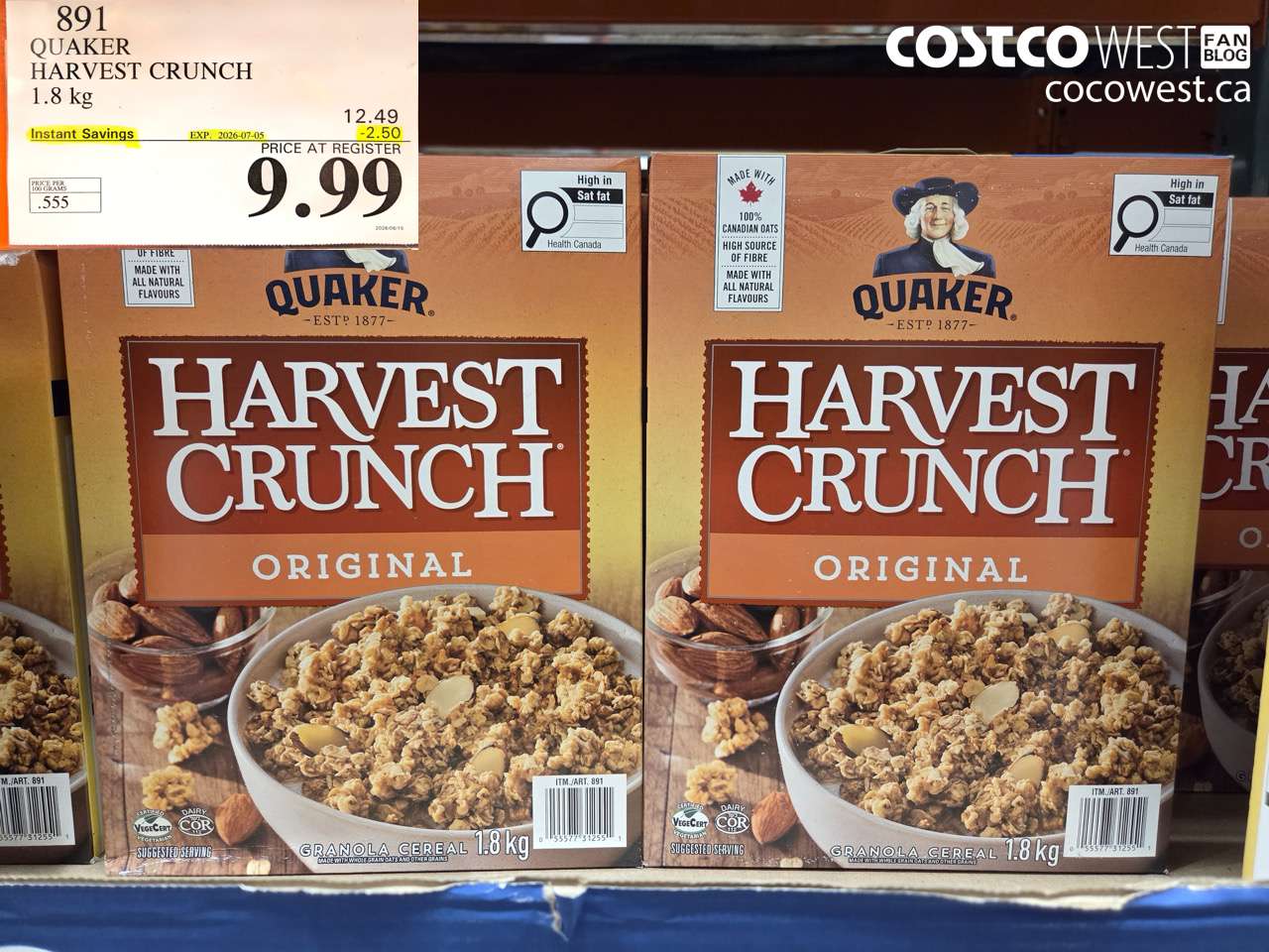 891 QUAKER HARVEST CRUNCH 1.8 KG ($2.50 INSTANT SAVINGS EXPIRES ON 2026-07-05) $9.99