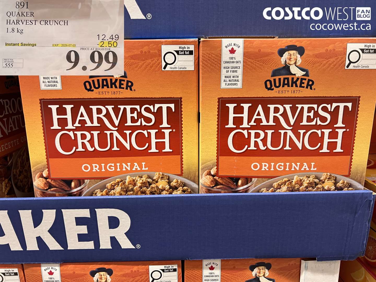 891 QUAKER HARVEST CRUNCH 1.8 KG ($2.50 INSTANT SAVINGS EXPIRES ON 2026-07-05) $9.99