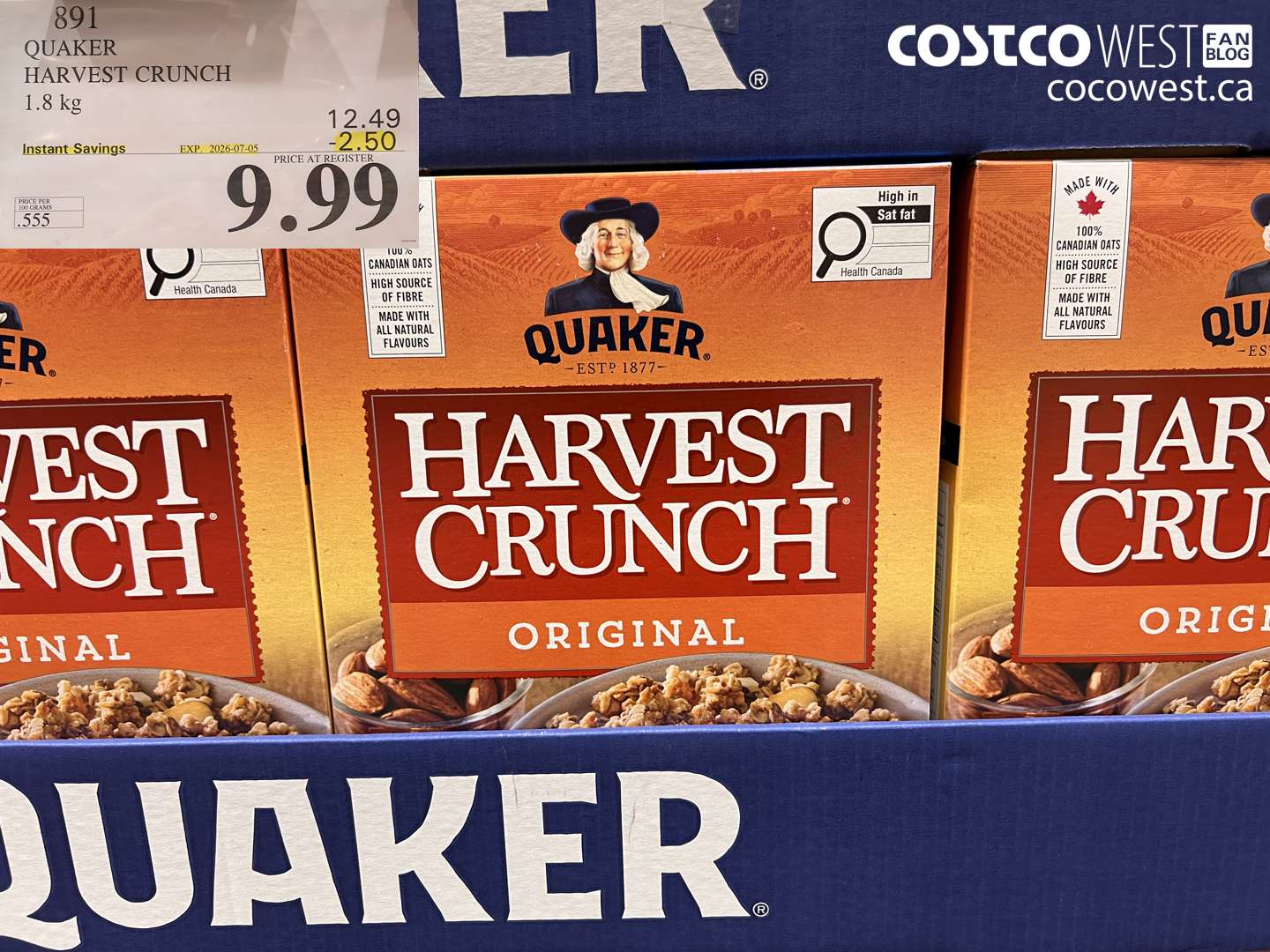 891 QUAKER HARVEST CRUNCH 1.8 KG ($2.50 INSTANT SAVINGS EXPIRES ON 2026-07-05) $9.99
