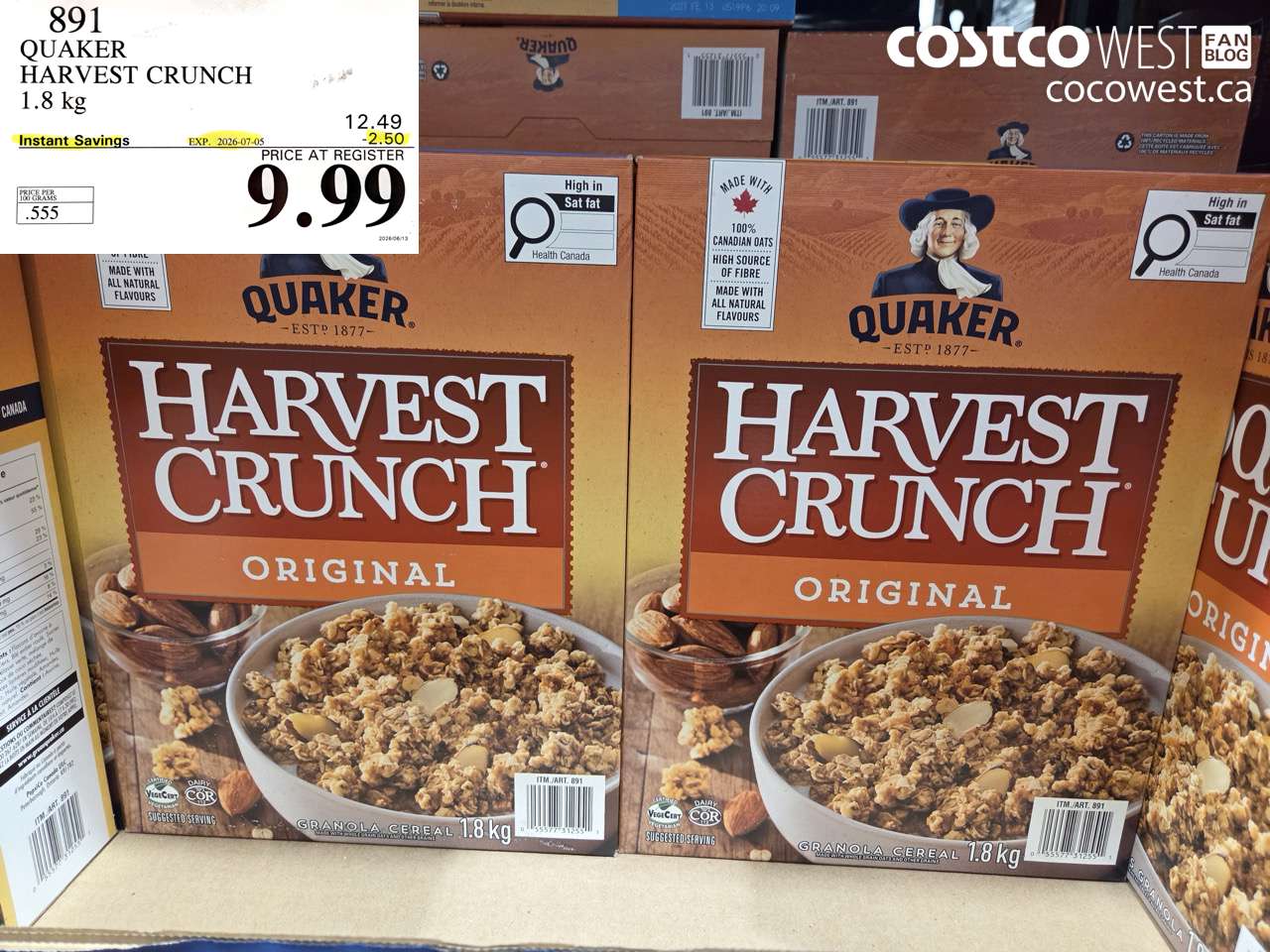 891 QUAKER HARVEST CRUNCH 1.8 KG ($2.50 INSTANT SAVINGS EXPIRES ON 2026-07-05) $9.99