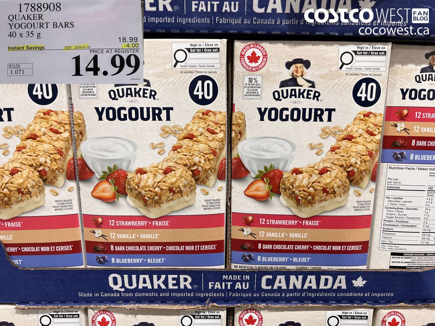 1788908 QUAKER YOGOURT BARS 40 X 35 G ($4.00 INSTANT SAVINGS EXPIRES ON 2026-07-05) $14.99