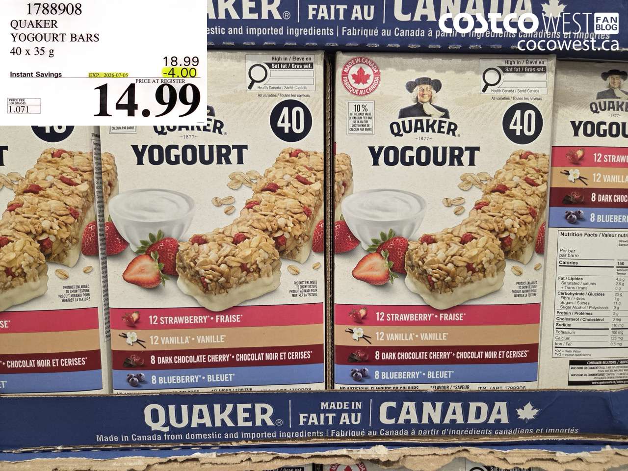 1788908 QUAKER YOGOURT BARS 40 X 35 G ($4.00 INSTANT SAVINGS EXPIRES ON 2026-07-05) $14.99