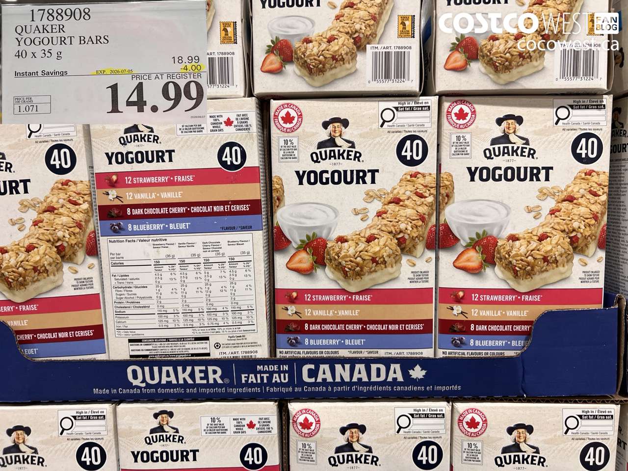 1788908 QUAKER YOGOURT BARS 40 X 35 G ($4.00 INSTANT SAVINGS EXPIRES ON 2026-07-05) $14.99