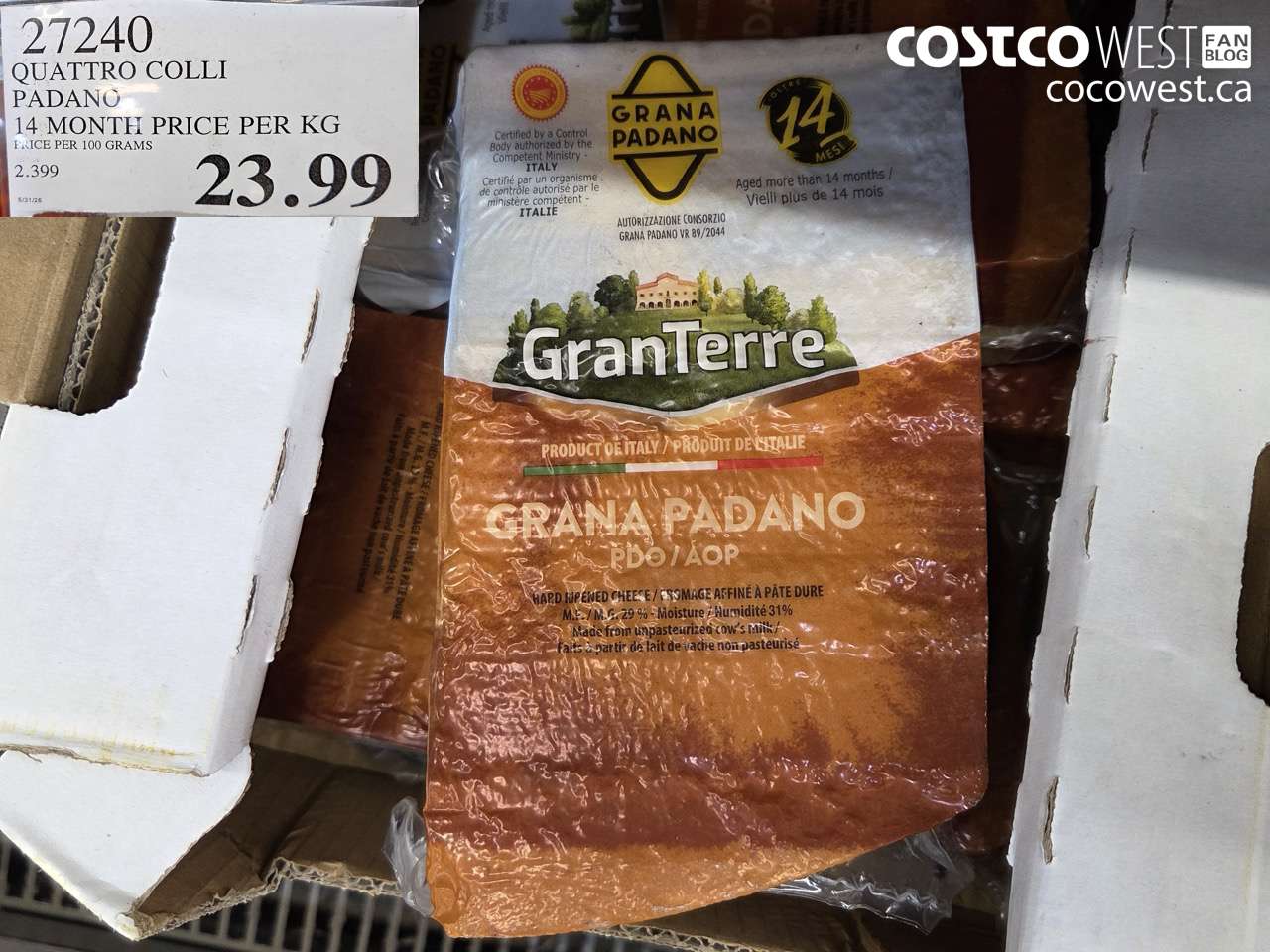 27240 QUATTRO COLLI PADANO 14 MONTH PRICE PER KG $23.99