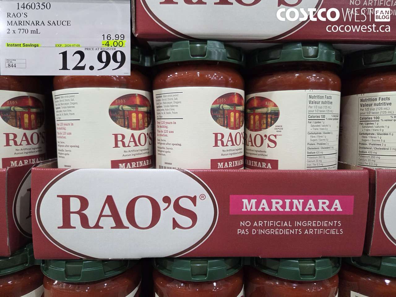 1460350 RAO'S MARINARA SAUCE 2 X 770 ML ($4.00 INSTANT SAVINGS EXPIRES ON 2026-07-05) $12.99
