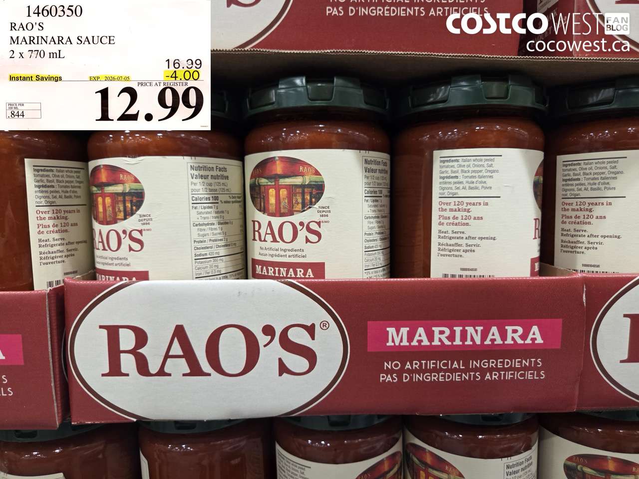 1460350 RAO'S MARINARA SAUCE 2 X 770 ML ($4.00 INSTANT SAVINGS EXPIRES ON 2026-07-05) $12.99