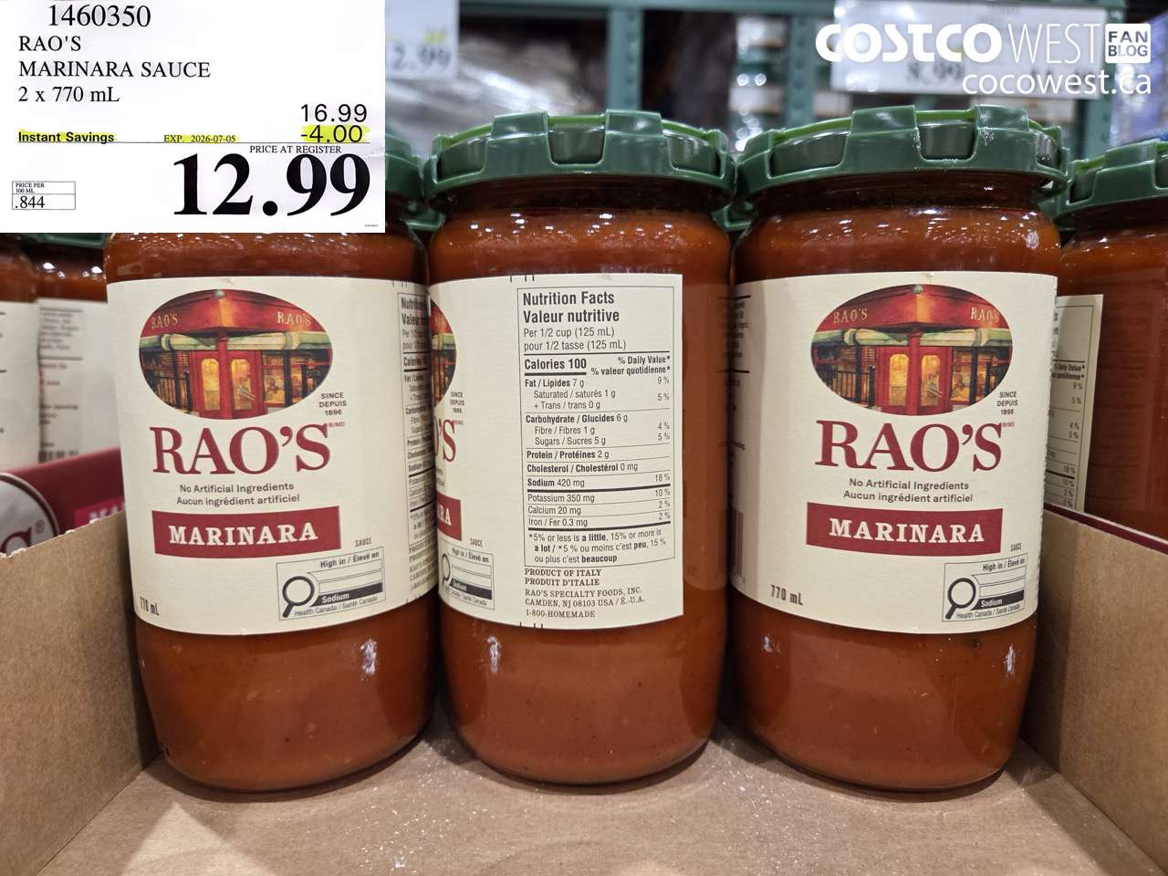 1460350 RAO'S MARINARA SAUCE 2 X 770 ML ($4.00 INSTANT SAVINGS EXPIRES ON 2026-07-05) $12.99