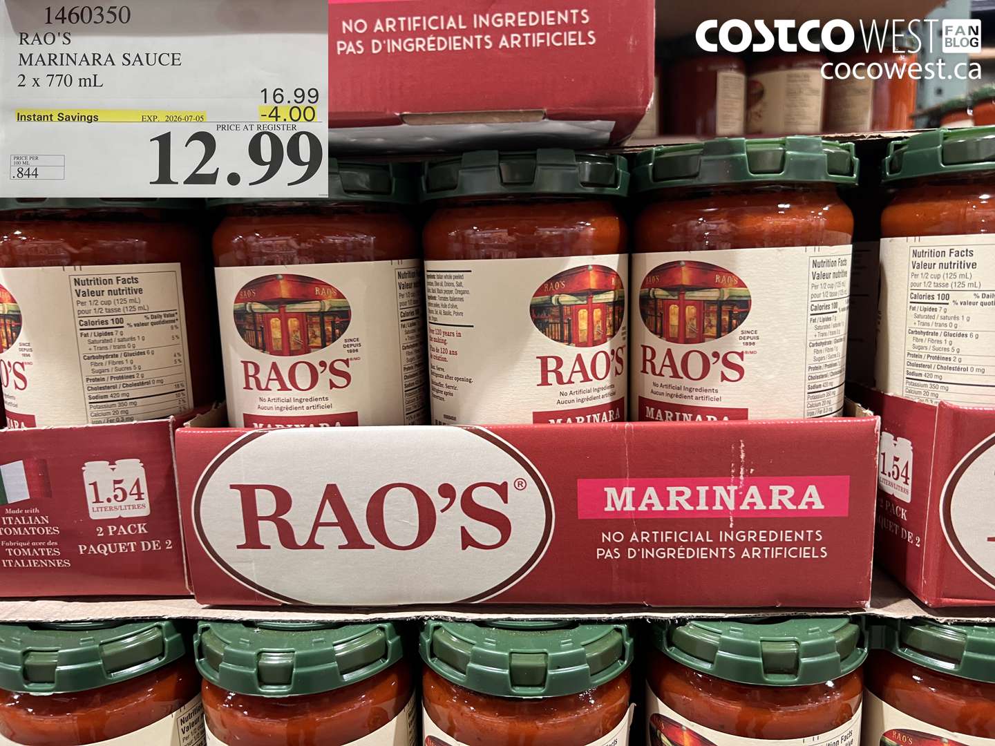 1460350 RAO'S MARINARA SAUCE 2 X 770 ML ($4.00 INSTANT SAVINGS EXPIRES ON 2026-07-05) $12.99