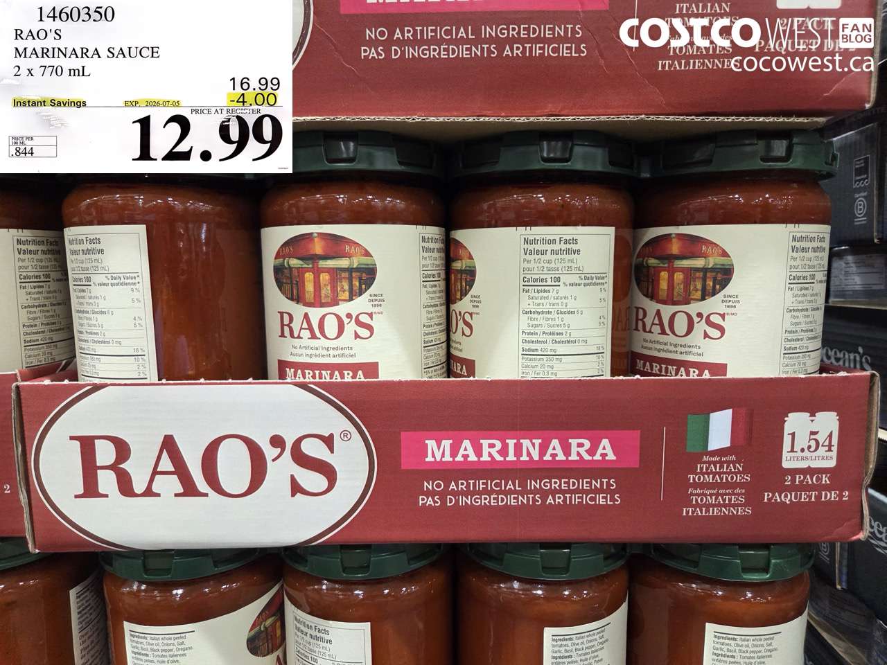 1460350 RAO'S MARINARA SAUCE 2 X 770 ML ($4.00 INSTANT SAVINGS EXPIRES ON 2026-07-05) $12.99