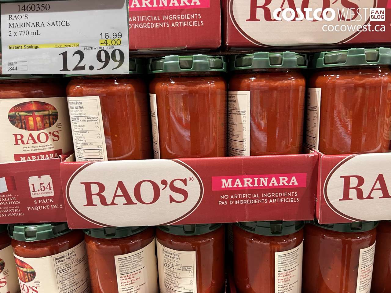 1460350 RAO'S MARINARA SAUCE 2 X 770 ML ($4.00 INSTANT SAVINGS EXPIRES ON 2026-07-05) $12.99