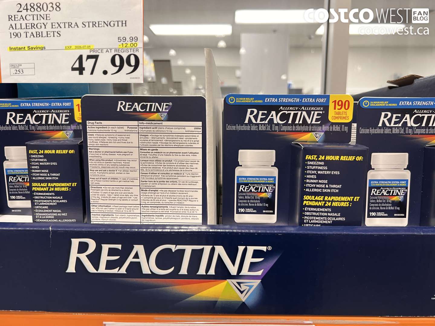 2488038 REACTINE ALLERGY EXTRA STRENGTH 190 TABLETS ($12.00 INSTANT SAVINGS EXPIRES ON 2026-07-05) $47.99