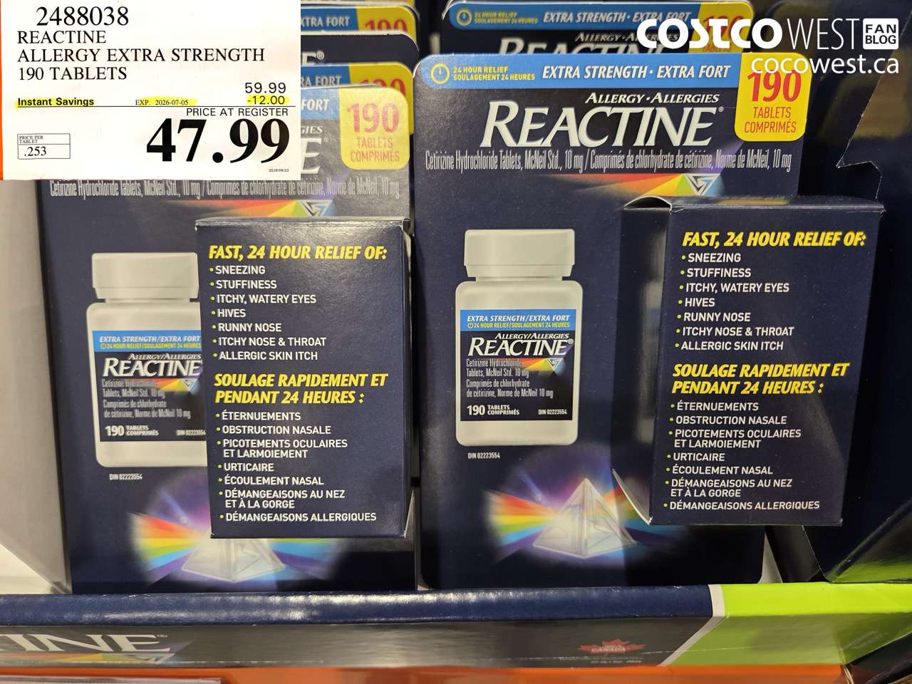 2488038 REACTINE ALLERGY EXTRA STRENGTH 190 TABLETS ($12.00 INSTANT SAVINGS EXPIRES ON 2026-07-05) $47.99