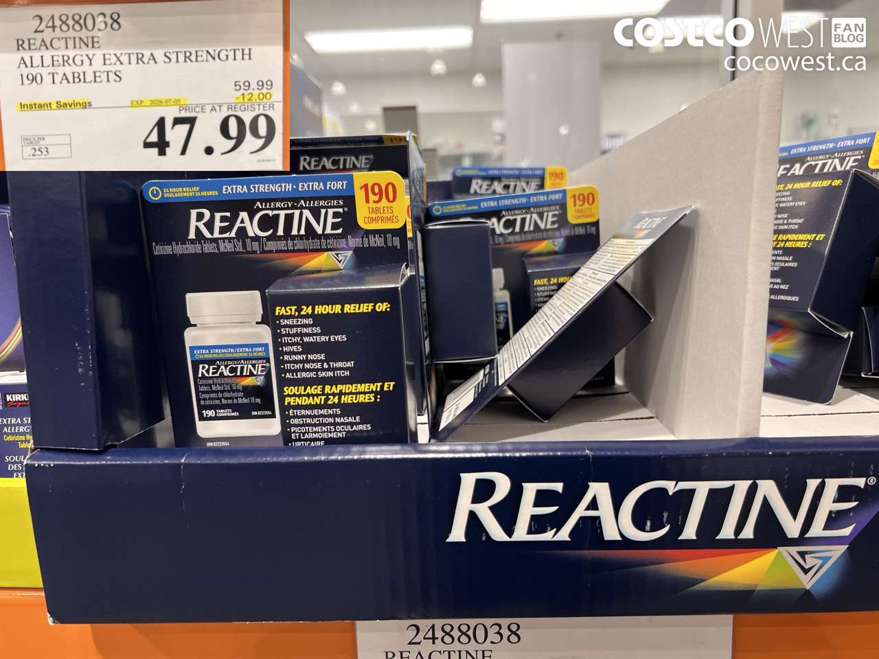 2488038 REACTINE ALLERGY EXTRA STRENGTH 190 TABLETS ($12.00 INSTANT SAVINGS EXPIRES ON 2026-07-05) $47.99