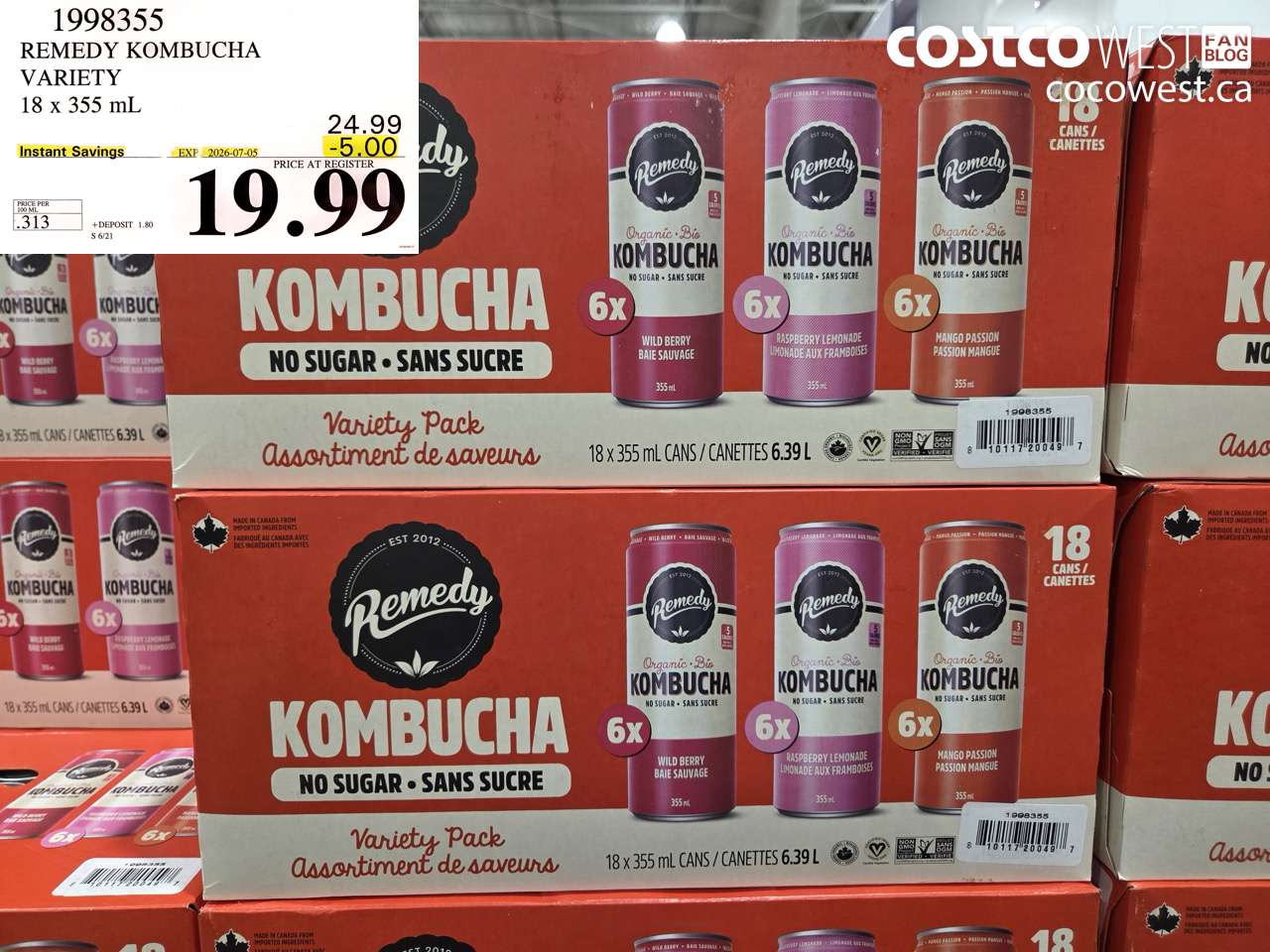 1998355 REMEDY KOMBUCHA VARIETY 18 X 355 ML ($5.00 INSTANT SAVINGS EXPIRES ON 2026-07-05) $19.99