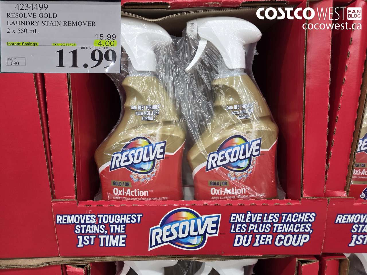 4234499 RESOLVE GOLD LAUNDRY STAIN REMOVER 2 X 550 ML ($4.00 INSTANT SAVINGS EXPIRES ON 2026-07-05) $11.99