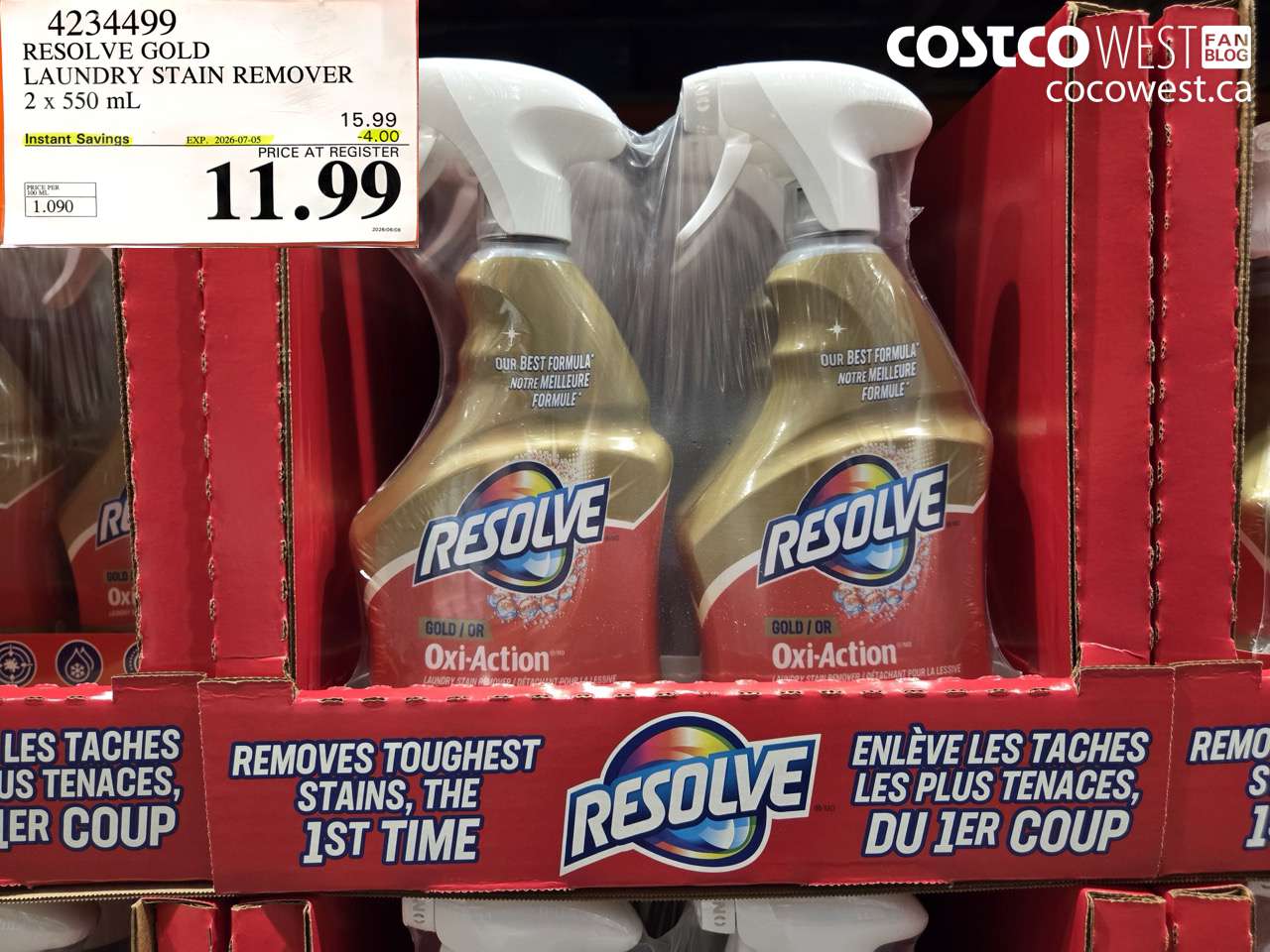 4234499 RESOLVE GOLD LAUNDRY STAIN REMOVER 2 X 550 ML ($4.00 INSTANT SAVINGS EXPIRES ON 2026-07-05) $11.99