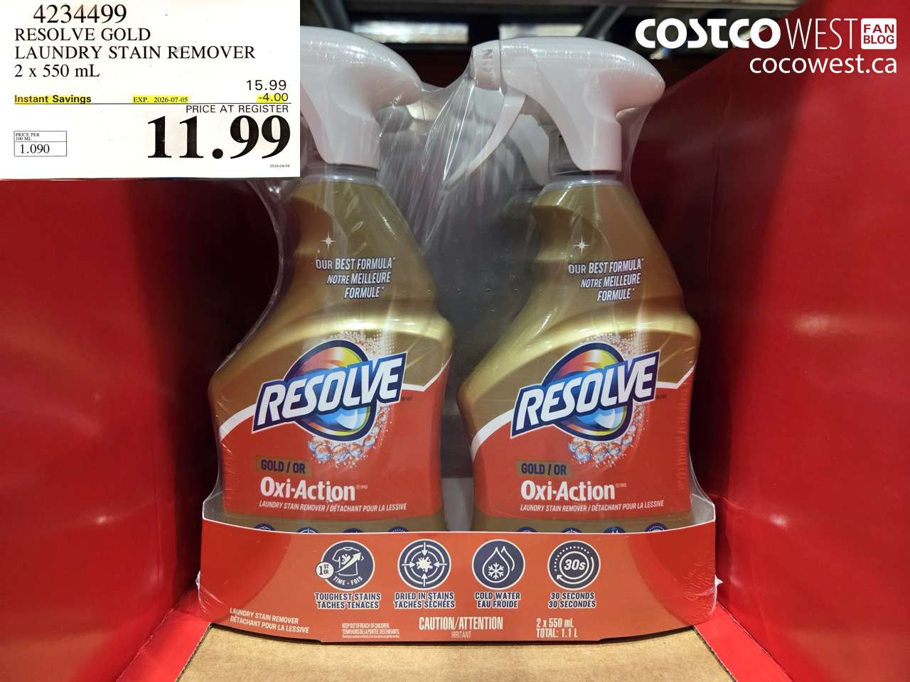 4234499 RESOLVE GOLD LAUNDRY STAIN REMOVER 2 X 550 ML ($4.00 INSTANT SAVINGS EXPIRES ON 2026-07-05) $11.99